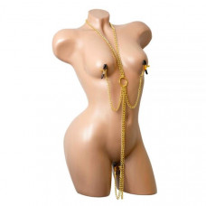 Ошейник с зажимами для сосков и клитора Golden Pleasure