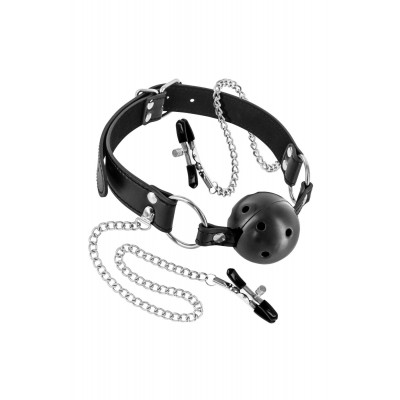 Повітропроникний кляп з зажимами для сосків Fetish Tentation Rigid Gag Ball with Nipple Clamps