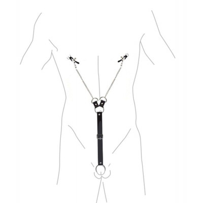 Зажимы для сосков с фиксацией на мошонке Nipple Clamps for Men, Эко кожа Зажимы для сосков с фиксацией на мошонке Nipple Clamps for Men, Эко кожа