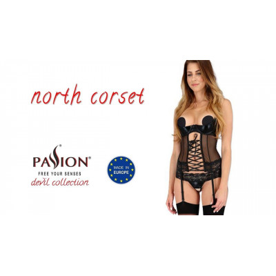 Корсет з відкритими грудьми NORTH CORSET black S/M - Passion Exclusive, пажі, трусики, шнурівка