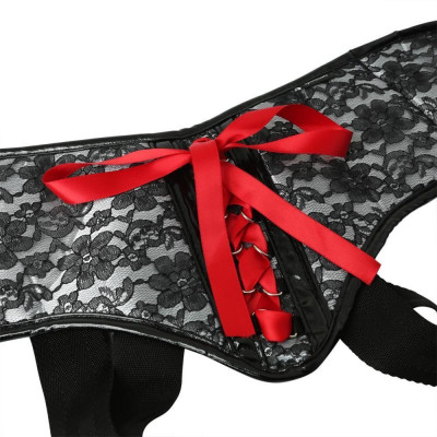 Трусы для страпона Sportsheets - SizePlus Grey&Black Lace Corsette, широкий пояс, бант, кружево Трусы для страпона Sportsheets - SizePlus Grey&Black Lace Corsette, широкий пояс, бант, кружево