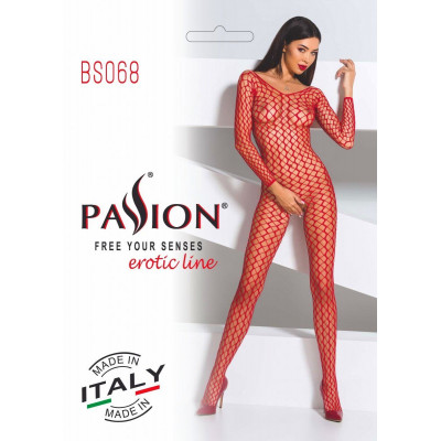 Бодістокінг Passion BS068 red, комбінезон, велика сітка, довгий рукав Бодістокінг Passion BS068 red, комбінезон, велика сітка, довгий рукав