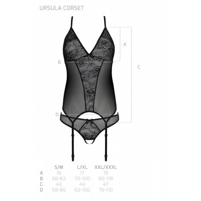 Корсет із пажами, трусики з ажурним декором та відкритим кроком Ursula Corset black L/XL — Passion Корсет із пажами, трусики з ажурним декором та відкритим кроком Ursula Corset black L/XL — Passion