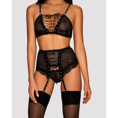 Комплект со шнуровкой и поясом для чулок Obsessive Basitta set Black L/XL
