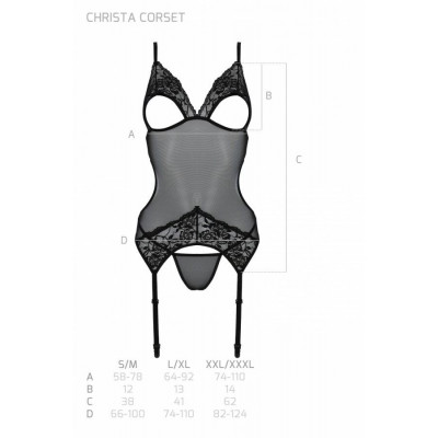 Корсет із підв’язками та ажурним ліфом Christa Corset black S/M — Passion, стрінги в комплекті Корсет із підв’язками та ажурним ліфом Christa Corset black S/M — Passion, стрінги в комплекті