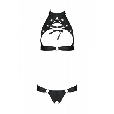 Комплект: відкритий топ та трусики з екошкіри з люверсами Malwia Set with Open Bra black L/XL — Pass