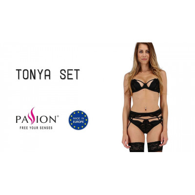 Комплект білизни TONYA SET black XXL/XXXL - Passion Exclusive: трусики, ліф, пояс для панчох