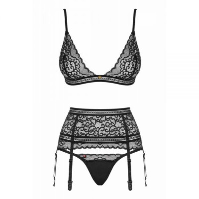 Комплект с поясом Obsessive Ailay 3 pcs set with garter belt black L/X