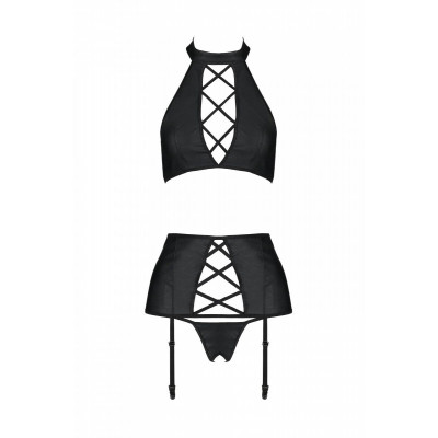 Комплект з еко-шкіри з імітацією шнурівки Nancy Set black L/XL - Passion топ, трусики та пояс для па Комплект з еко-шкіри з імітацією шнурівки Nancy Set black L/XL - Passion топ, трусики та пояс для па