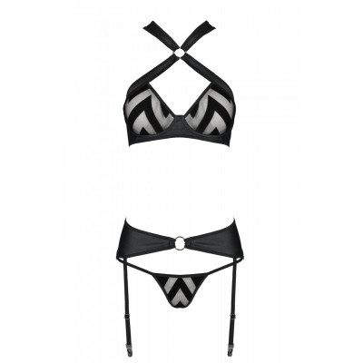 Сітчастий набір з візерунком: бюстгальтер з халтером, трусики та пояс для панчох Hima Set black XXL/ Сітчастий набір з візерунком: бюстгальтер з халтером, трусики та пояс для панчох Hima Set black XXL/