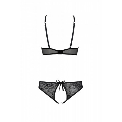 Комплект: бра, трусики з ажурним декором та відкритим кроком Ursula Set black L/XL — Passion
