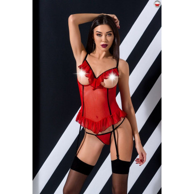 Корсет з відкритими грудьми CHERRY CORSET red L/XL - Passion Exclusive, трусики, пажі, стрепи, оборк Корсет з відкритими грудьми CHERRY CORSET red L/XL - Passion Exclusive, трусики, пажі, стрепи, оборк