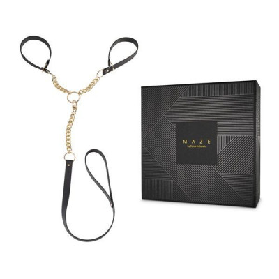 Наручники з повідцем Indiscrets MAZE - T-Restraints Black, екошкіра, подарункова упаковка Наручники з повідцем Indiscrets MAZE - T-Restraints Black, екошкіра, подарункова упаковка