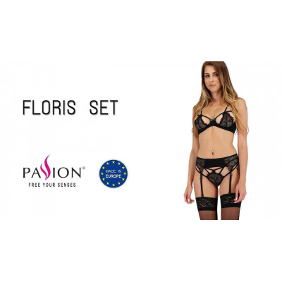 Комплект білизни FLORIS SET black XXL/XXXL - Passion Exclusive: ліф, трусики, пояс для панчох Комплект білизни FLORIS SET black XXL/XXXL - Passion Exclusive: ліф, трусики, пояс для панчох